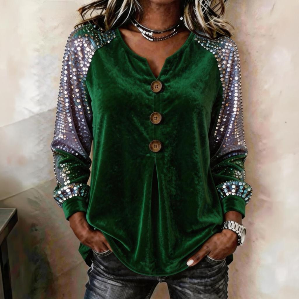 Women's V-Neck Long Sleeve Blouse with Sequins and Button Front for Casual Wear