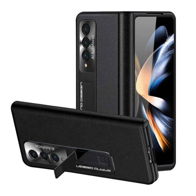 Leather Folding Case For Samsung Galaxy Z Fold 4 5g Hinge Protection Case With Magnetic Holder &Tempered Glass Slim Shockproof