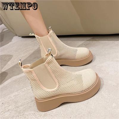 Thick Soled Ankle Boots Flying Woven Mesh Breathable Muffin Bottom Smoke Pipe Chelsea's Summer Women's Shoes Thin Style
