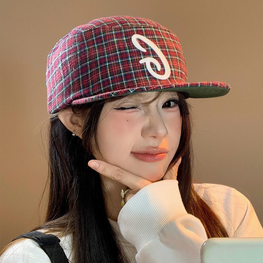 Spring And Autumn Color Matching Plaid Letter Embroidery Baseball Cap Men And Women Flat Top Hip Hop Retro Flat Brim Cap