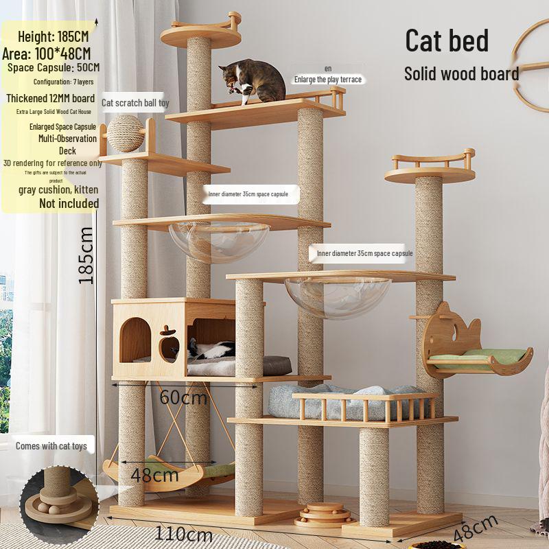 Large Solid Wood Cat Tree with Space Capsule, Plus Size Scratching Post & Board, Floor-to-Ceiling Multi-Season Toy, Wear-Resistant.