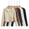 Women‘s Hooded Long Sleeve Slim Fit Zip Up Cardigan Solid Cropped Jacket Top
