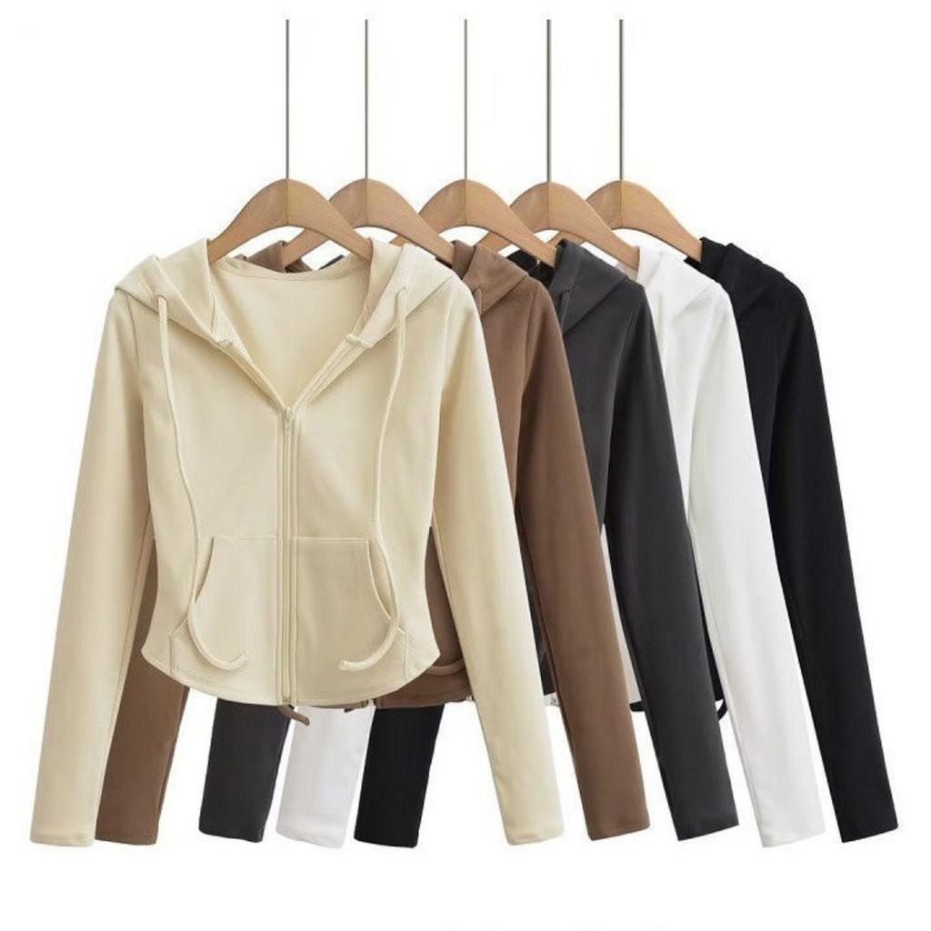 Women‘s Hooded Long Sleeve Slim Fit Zip Up Cardigan Solid Cropped Jacket Top