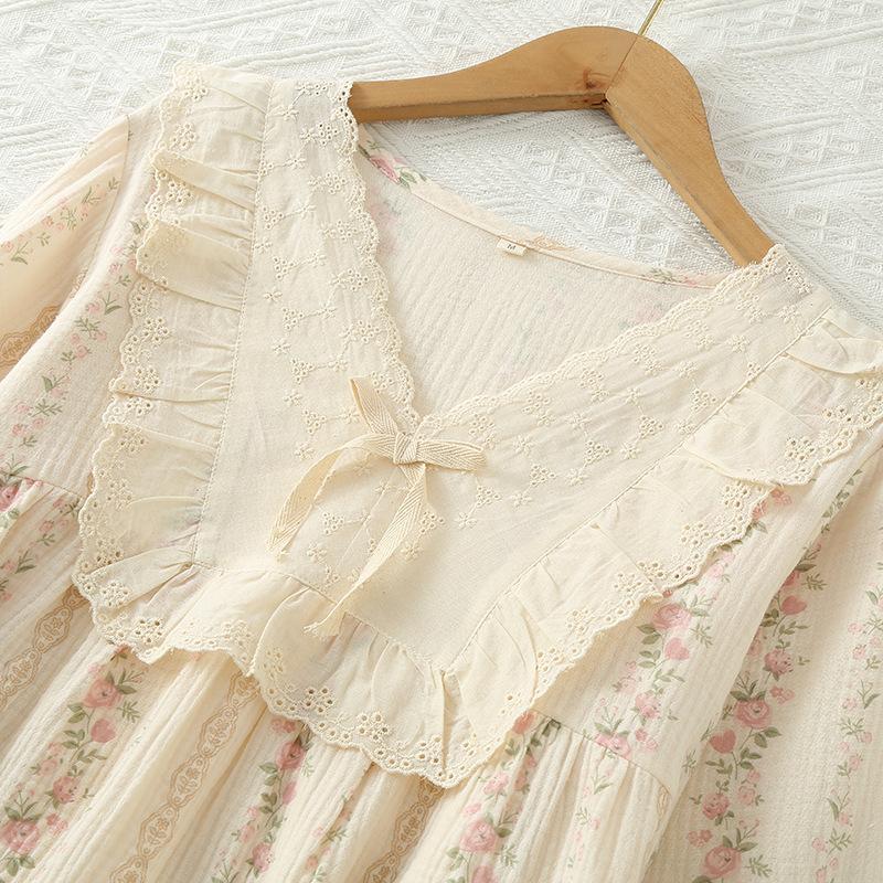 GMXIA Gentle Women's Floral Pure Cotton Yarn Loose Double-layer Gauze Home Wear Pajama Set for Autumn Long-sleeved Outdoor Wear Pajama Sets