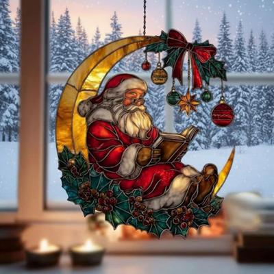 Cozy Santa Reading On Moon Suncatcher Christmas Stained Glass Look Window Hanging Ornament with Berries Bow for Holiday Window Wall Decor