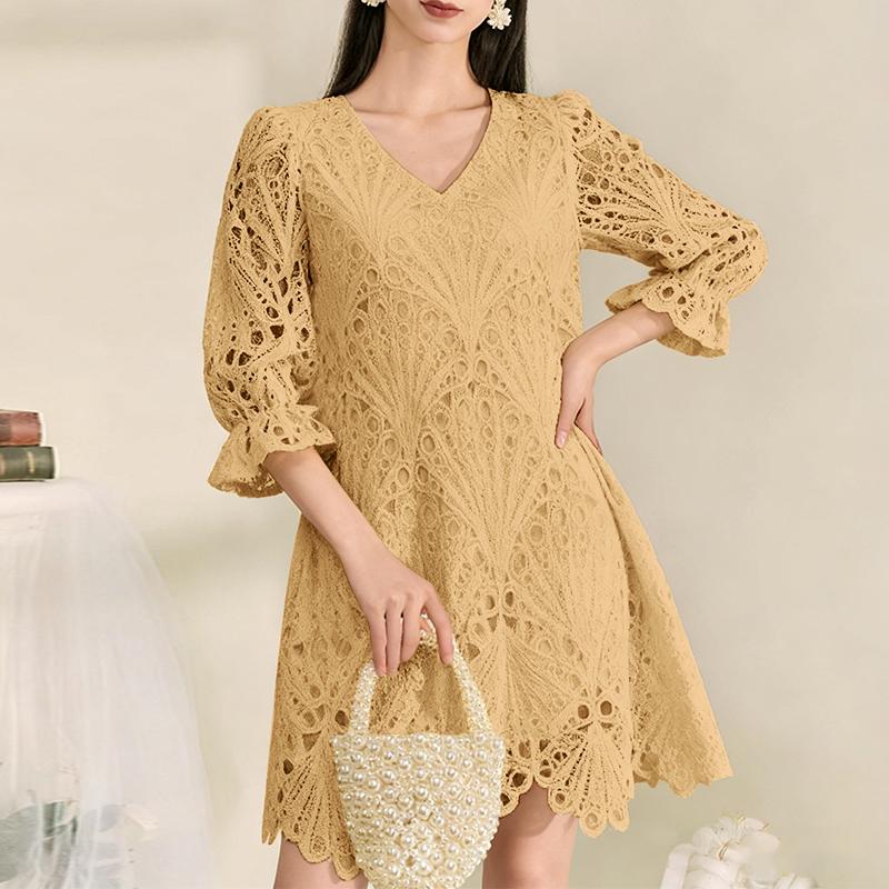 ZANZEA Women Casual V-Neck 3/4 Sleeve Patchwork Lace Dress