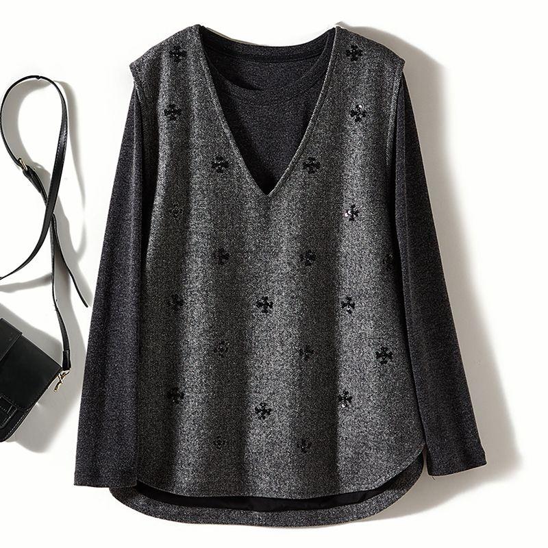 

A Small Amount of Wool! European Goods Boutique Two-piece Set ~ Women s Cashmere Long Sleeves T-shirt + I-Shaped Sequin Wool Vest Black 4XL