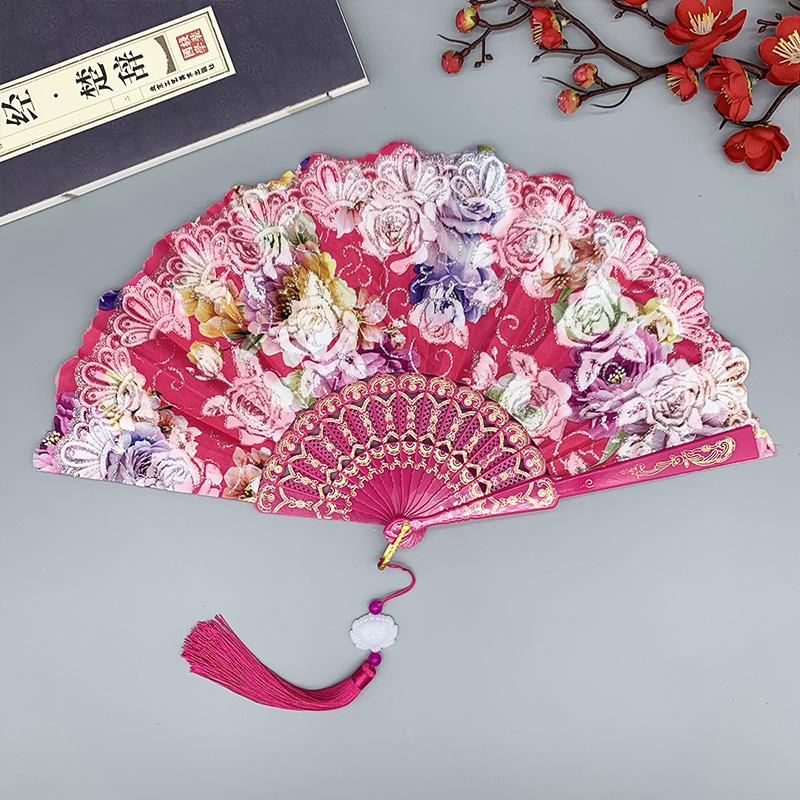 1PC Silk Fan Decoration Fans Floral Pattern Dance Tassel Vintage Folding Fan Hand Fan