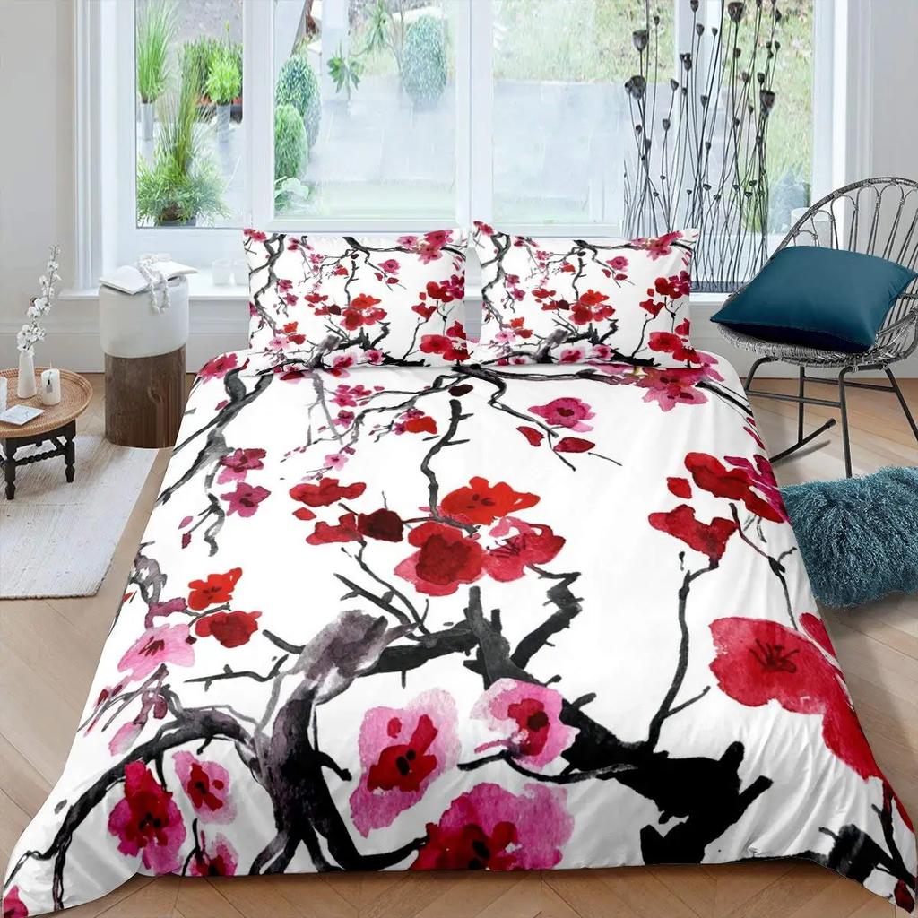 Red Plum Blossom King Queen Duvet Cover Ink Landscape Painting Bedding Set Chinese Style Quilt Cover Polyester Comforter Cover