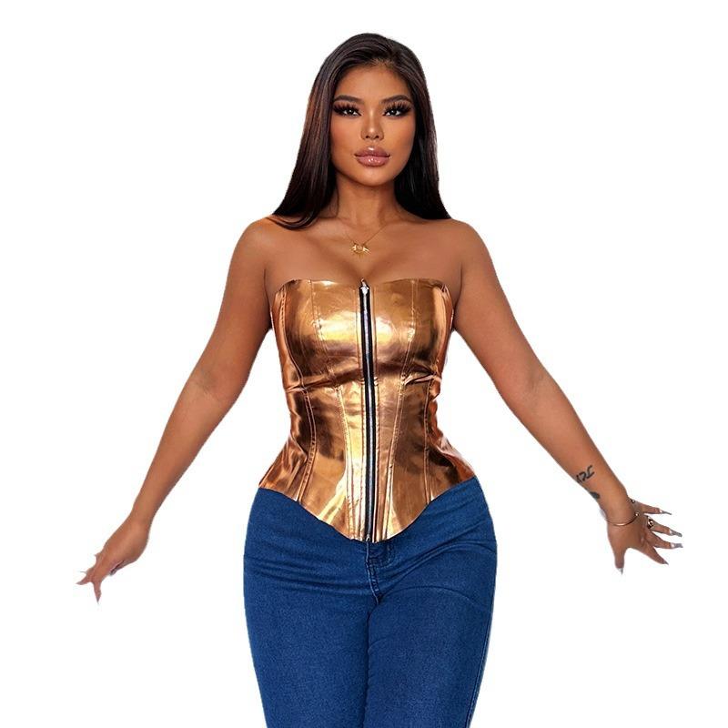 Women's Sexy and Fashionable Metallic Shiny Leather Chest Wrap Top Slim Vest Waistband