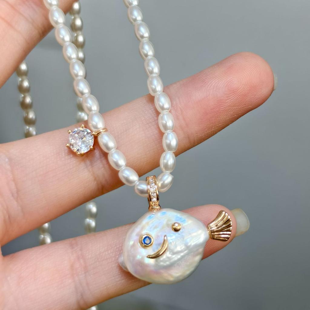 Ocean Natural Pearl Series Pendant Cute Pearl Fish Zircon Pendant Necklace