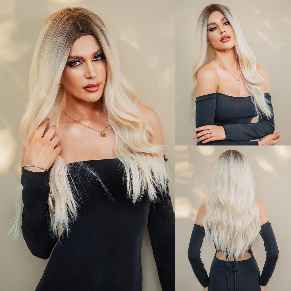 ALAN EATON Long Water Wavy Dark Brown Synthetic Wigs Middle Part Natural Looking Daily Party Wig for Women Heat Resistant Fiber