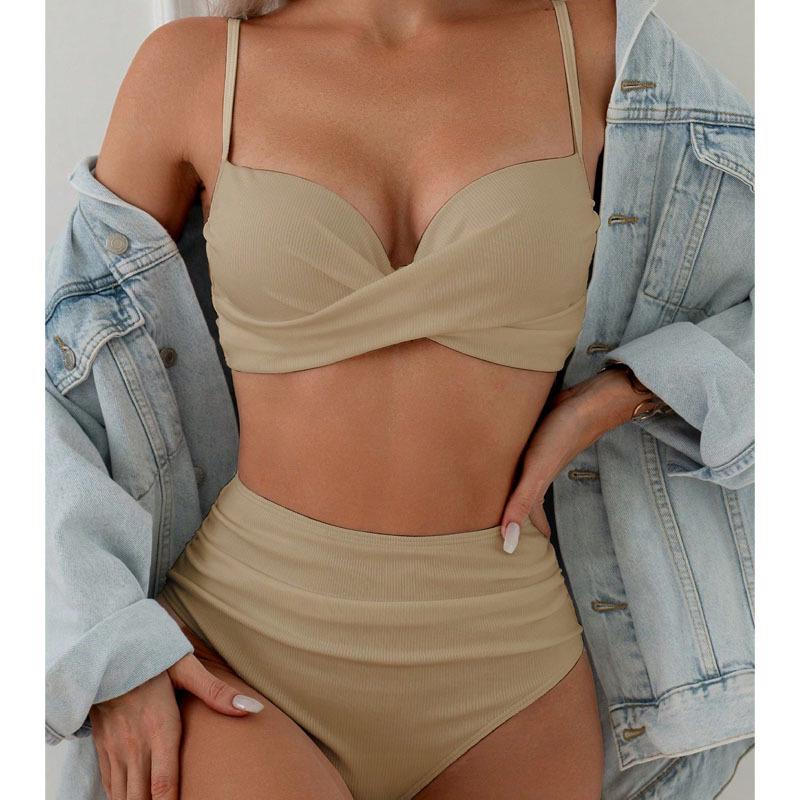 

2024 Купальник бикини с высокой талией, на косточках, однотонный, для женщин Medium хаки