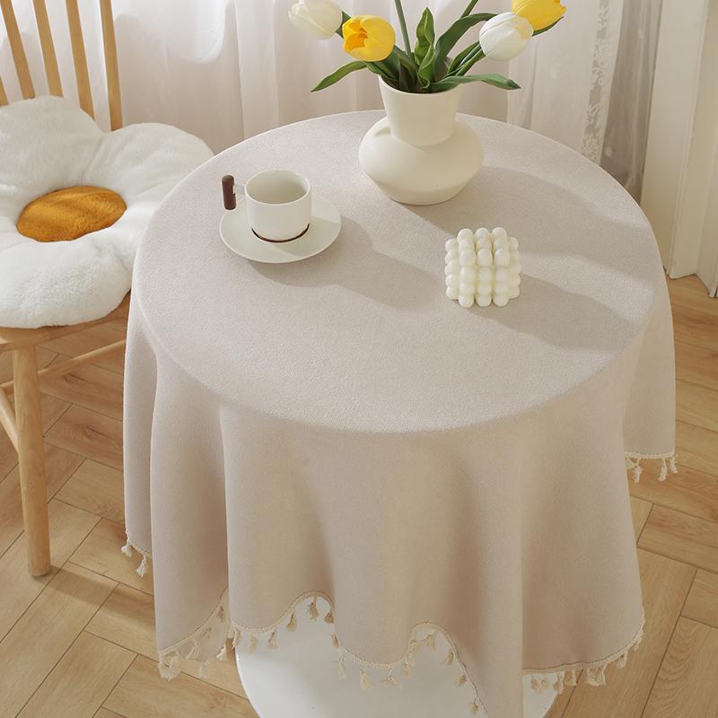 Solid Color Linen Tablecloth With Fringe Round Rectangle Dining Desk Table Cover
