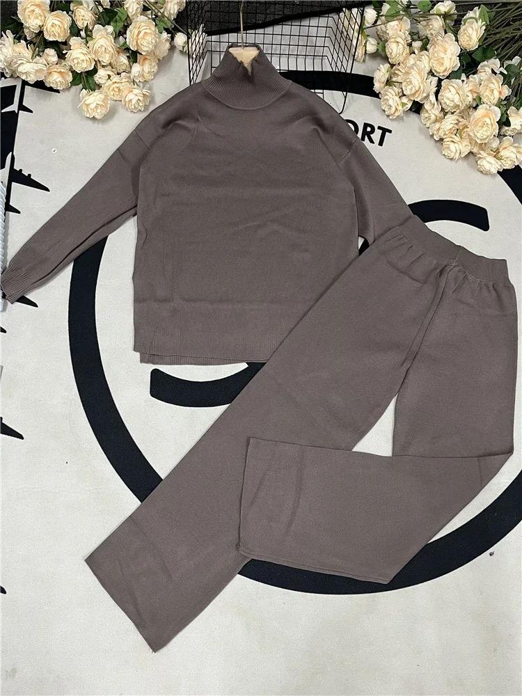 High-Quality Solid Color Knit Set: Women's High Neck & Wide Leg Pants Two-Piece for Autumn/Winter 2025