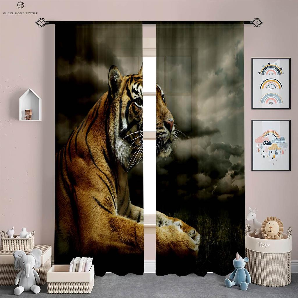 Tiger Cheetah Animal 3D Printing Curtains, Polyester Fiber, Bedroom, Living Room, Study, Kitchen, Window Decoration, 2 Pcs