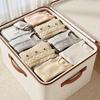 56L Large Capacity Linen Storage Box Double Zipper and Leather Handles Foldable Under-Bed Organizer with Lid for Clothes Storage Organizer