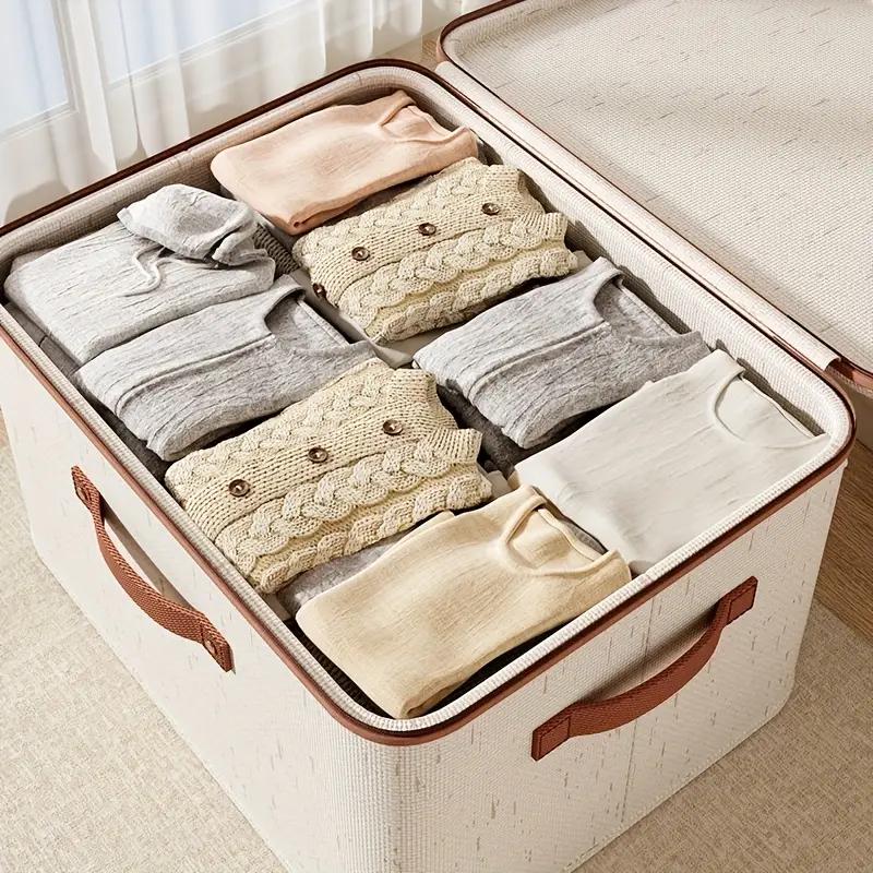 56L Large Capacity Linen Storage Box Double Zipper and Leather Handles Foldable Under-Bed Organizer with Lid for Clothes Storage Organizer