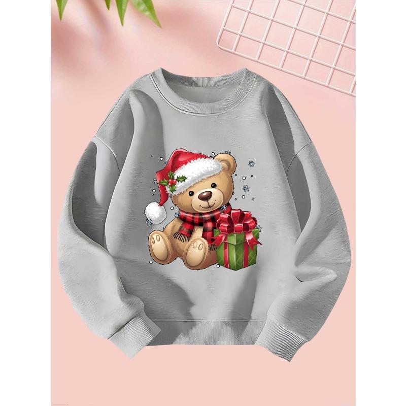 2025 9 29 Christmas Bear Girls Autumn and Winter Fashion Sweatshirt Creative Christmas Elements Casual Long Sleeve Sweatshirt Round Neck