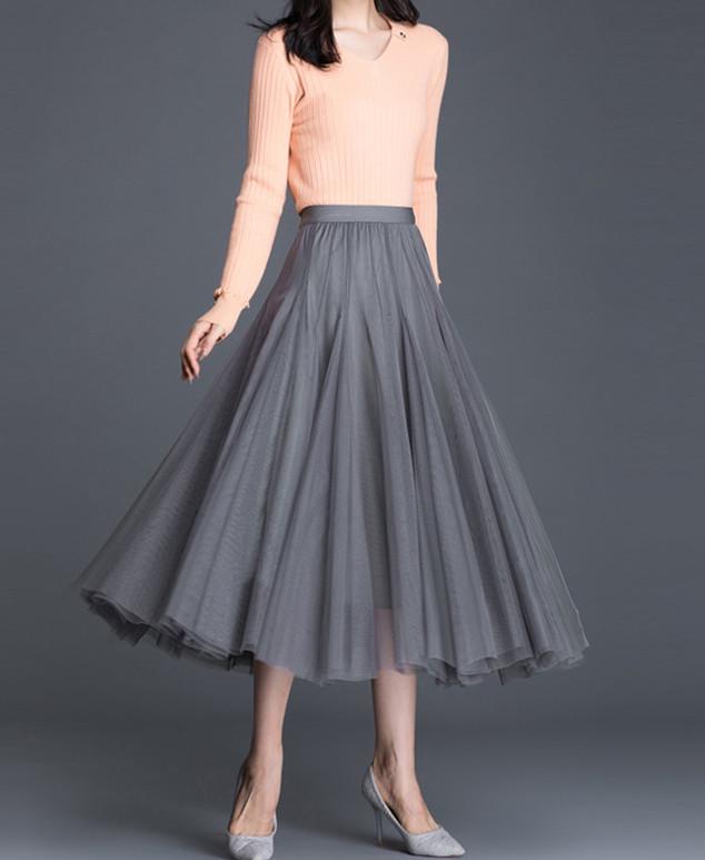 

Spring High Waist A-Line Puffy Ankle-Length Mesh Skirt Length 80CM сірий колір