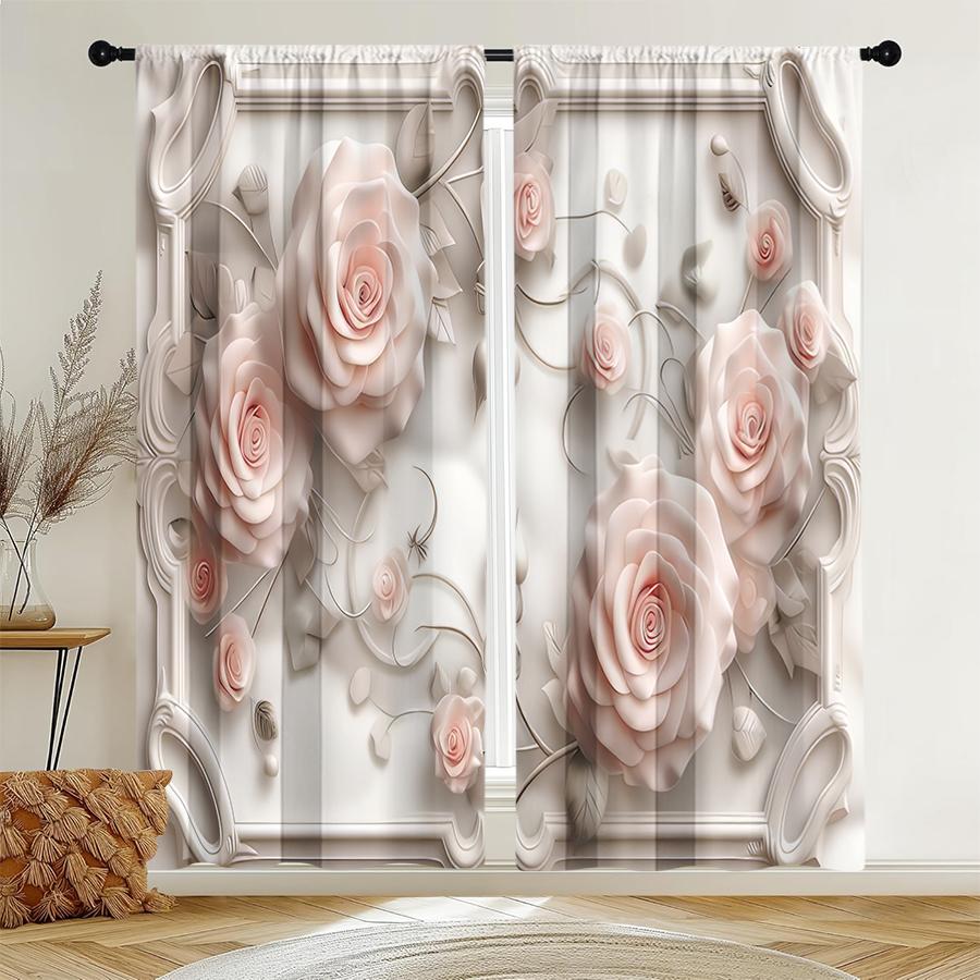 2pcs European style curtains   the perfect choice for dreamy window decoration   embossed roses   and drawbar pocket curtains