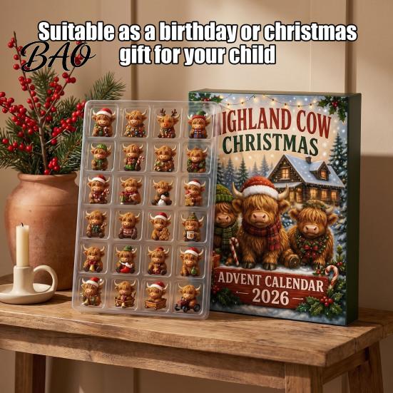 Daily Window Opening Gift 2026 Highland Cow Christmas Advent Calendar, 24-Day Acrylic Countdown Ornament Set with Travel Companion Play Mini Figures,