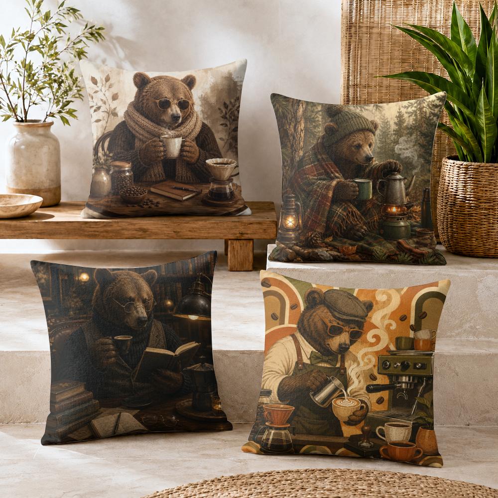 Cool Funny Bear Coffee Cushion Cover Durable Hypoallergenic Organic Linen Pillow Cover Short Size Washable Skin-Friendly