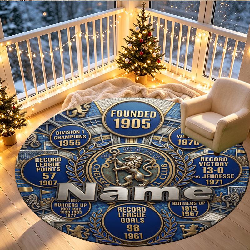 Custom Name Personalized Chelsea Football Club Print Round Rug, Versatile Home Decor Carpet, for Playroom, Apartment, Balcony, Entryway, Hallway Gift