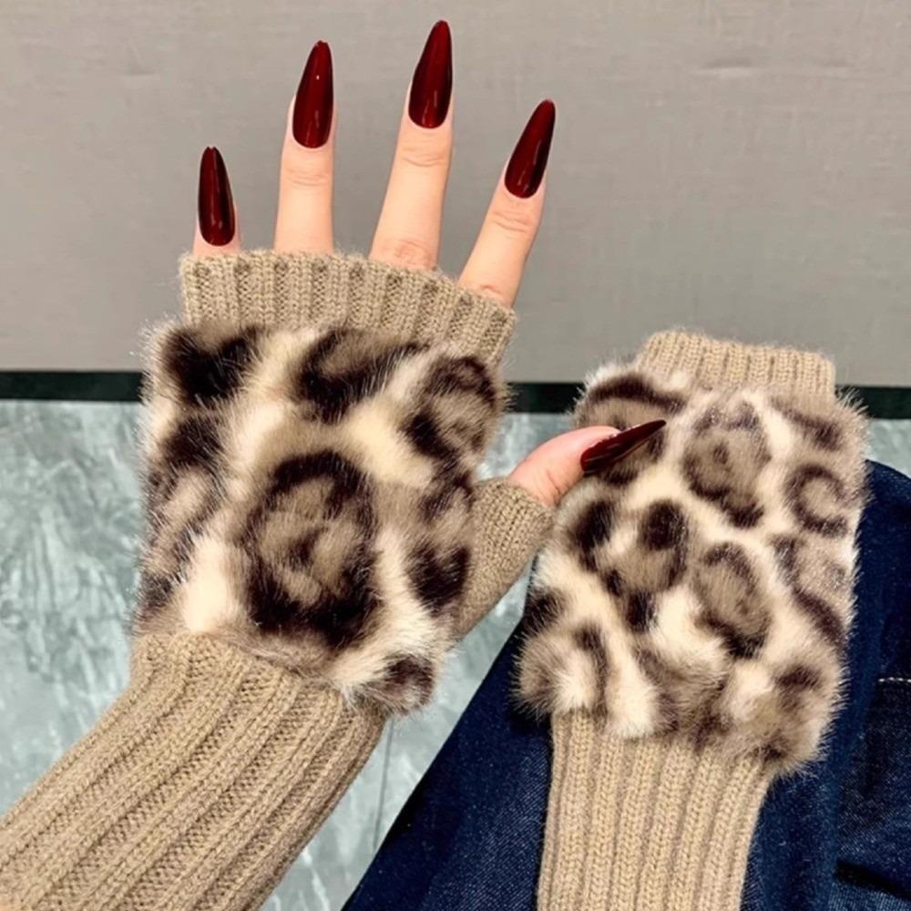 Warm Half-Finger Gloves Short Style Leopard Print Gloves New Fingerless Gloves Winter