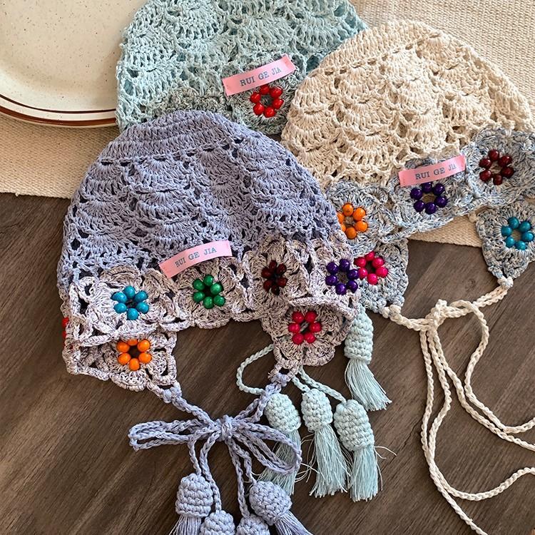 Handmade crochet flower fringe hollow hat female face small knitted bag hat