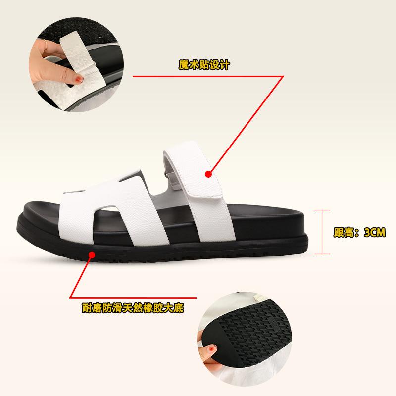 Papuci de damă pentru exterior, vară, noi, cu talpă plată, cu o bandă, cu culori asortate, H din piele, casual, cu velcro, papuci de unchiul al doilea