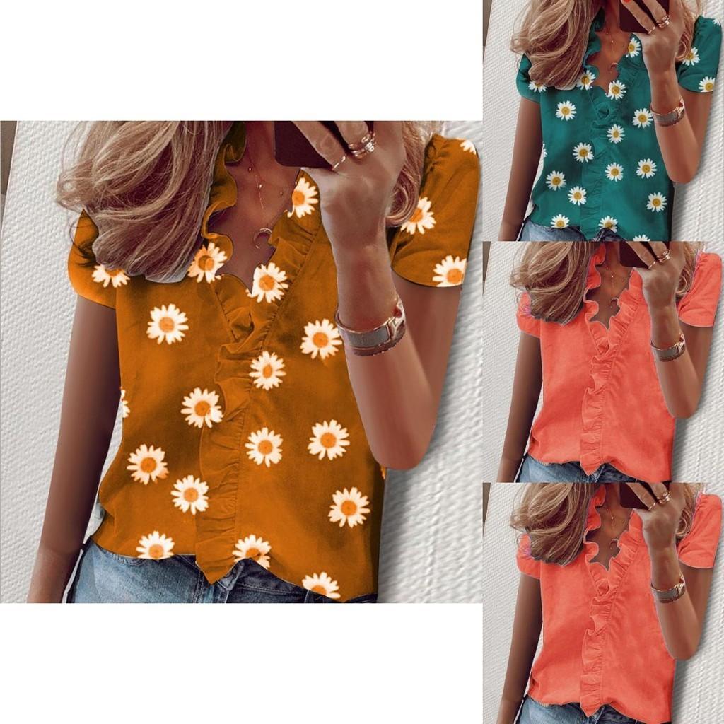 Stylish Women's V Neck Ruffle Short Sleeve T Shirt With Fashionable Daisy Print