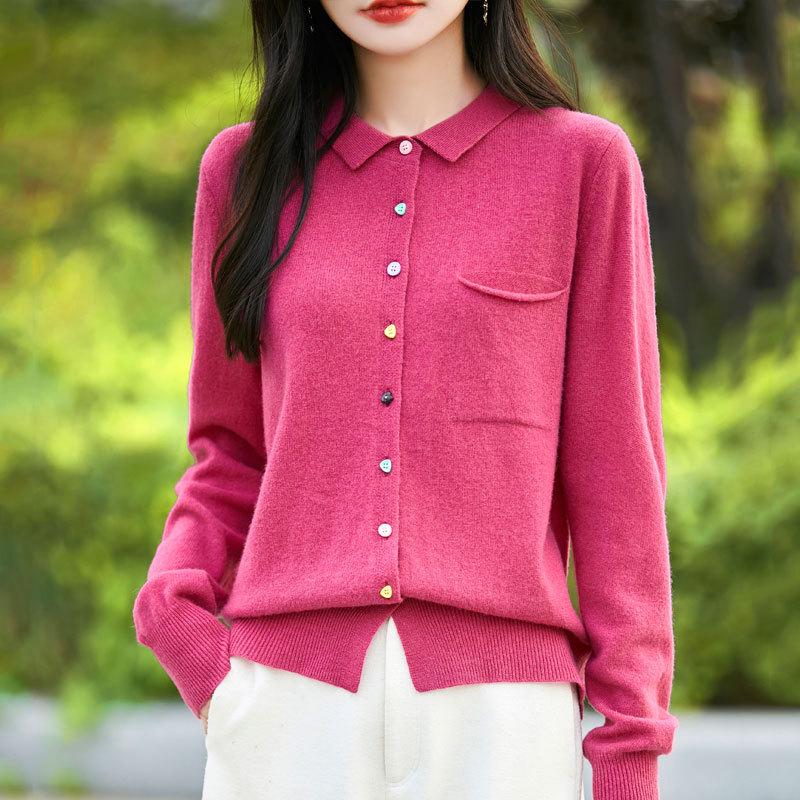 Spring/Summer 2026 Women's 100% Wool Polo Neck Long Sleeve Knit Cardigan Jacket with Colorful Buttons