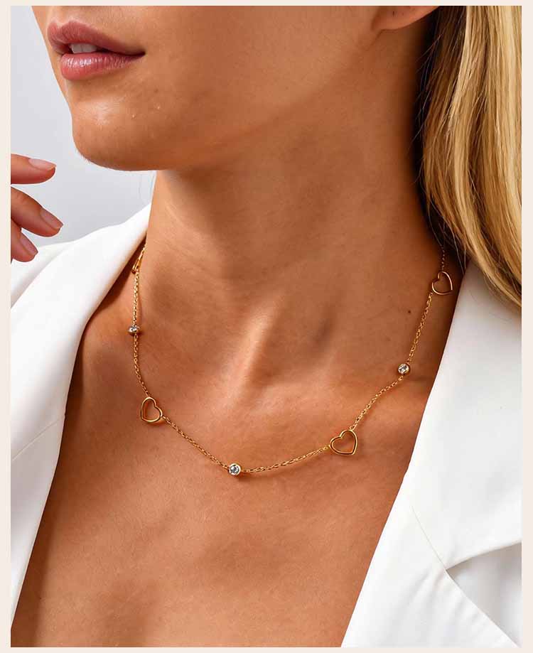 316L Stainless Steel Zirconia Heart Flower Chain Necklace, Women's Thin Link Clavicle Chain Choker,  Fashion Temperament Jewelry
