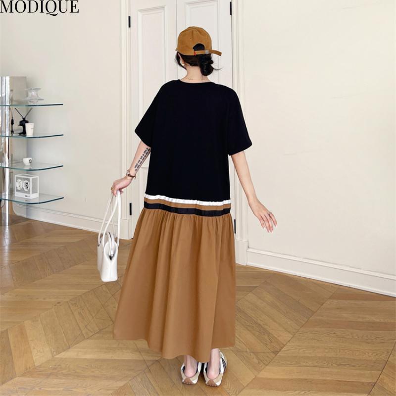 MODIQUE Summer Plus Size New Women Basic Loose Minimalist Color Matching T-Shirt Patchwork Long Dresses Female Casual Short Sleeve O-Neck Dresses