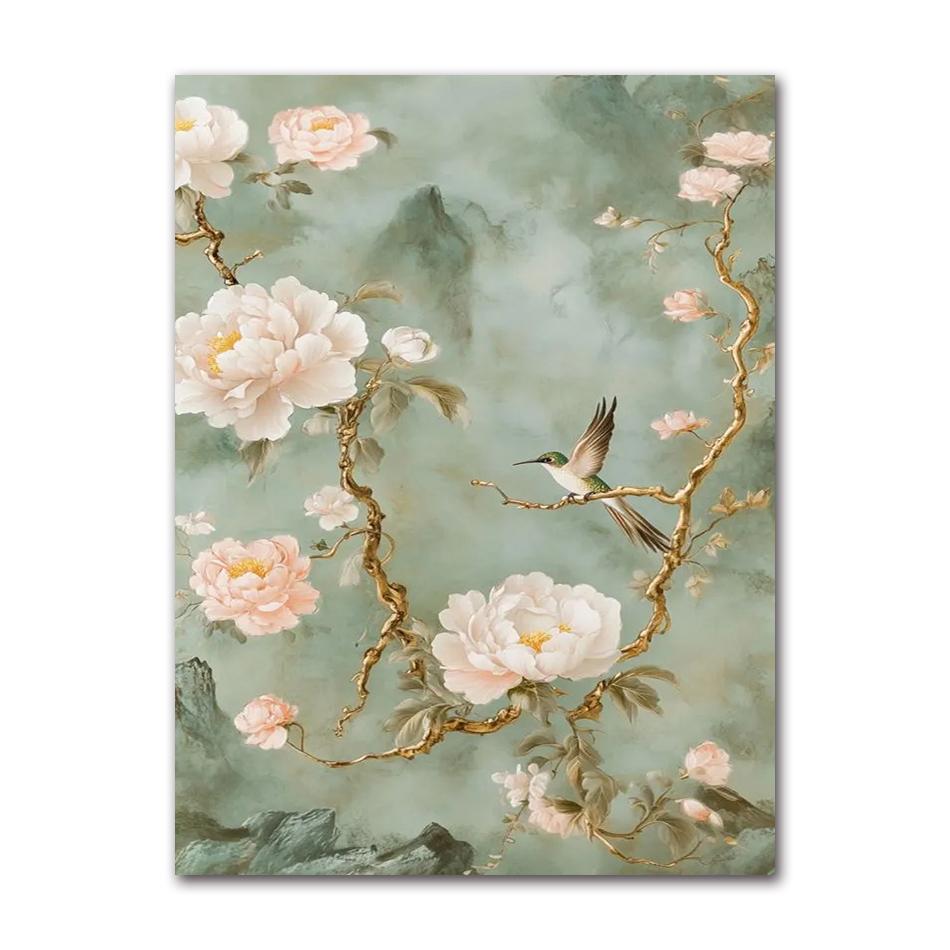 hinese Style Peony and Hummingbird Canvas Wall Art - Exquisite Floral Print - Elegant Home Decor - Ideal Housewarming Gift