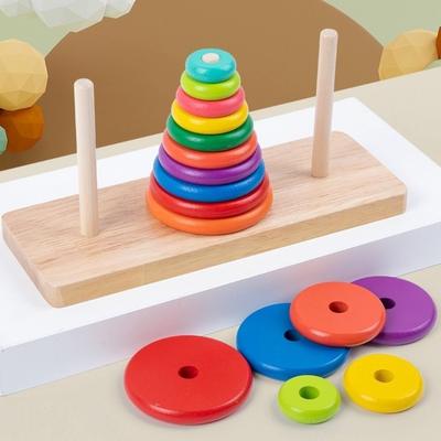Rainbow Colors Wooden Puzzle Stack Tower Classic Mathematical Toy  Thinking Training
