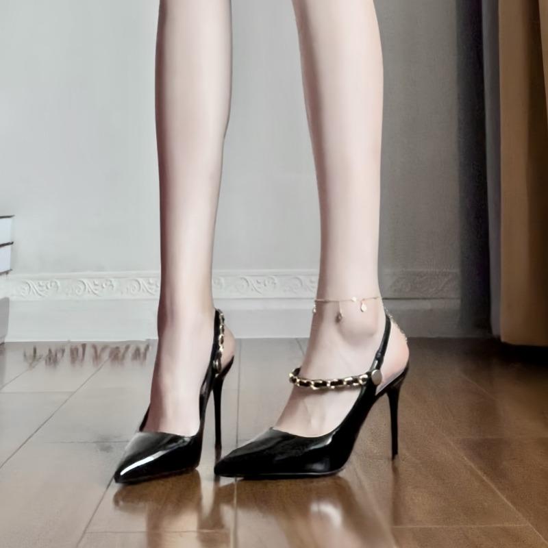 Mode Damen Temperament Stiletto Sandalen Sommer Neu Spitzkopf Flachmaul Metallkette Rutschfest Verschleißfest Hohe Absätze
