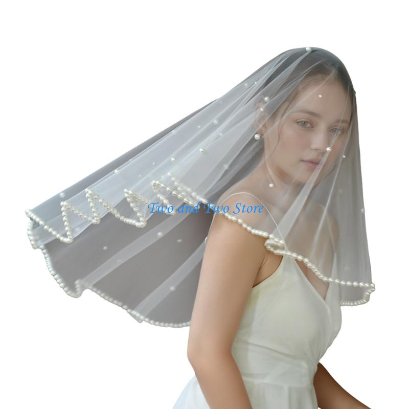 HX6F Luxurious Pearls Decors Bridal Veils Headpiece Soft Sheer Seethrough Tulle Veils For Wedding Event Photography Accessories