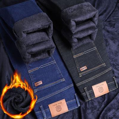 Prémiové lehce luxusní klasické džínové kalhoty podšité fleecem pro muže Podzim/Zima Pružné Business Casual Středního věku Teplé Silné Rovné Kalhoty