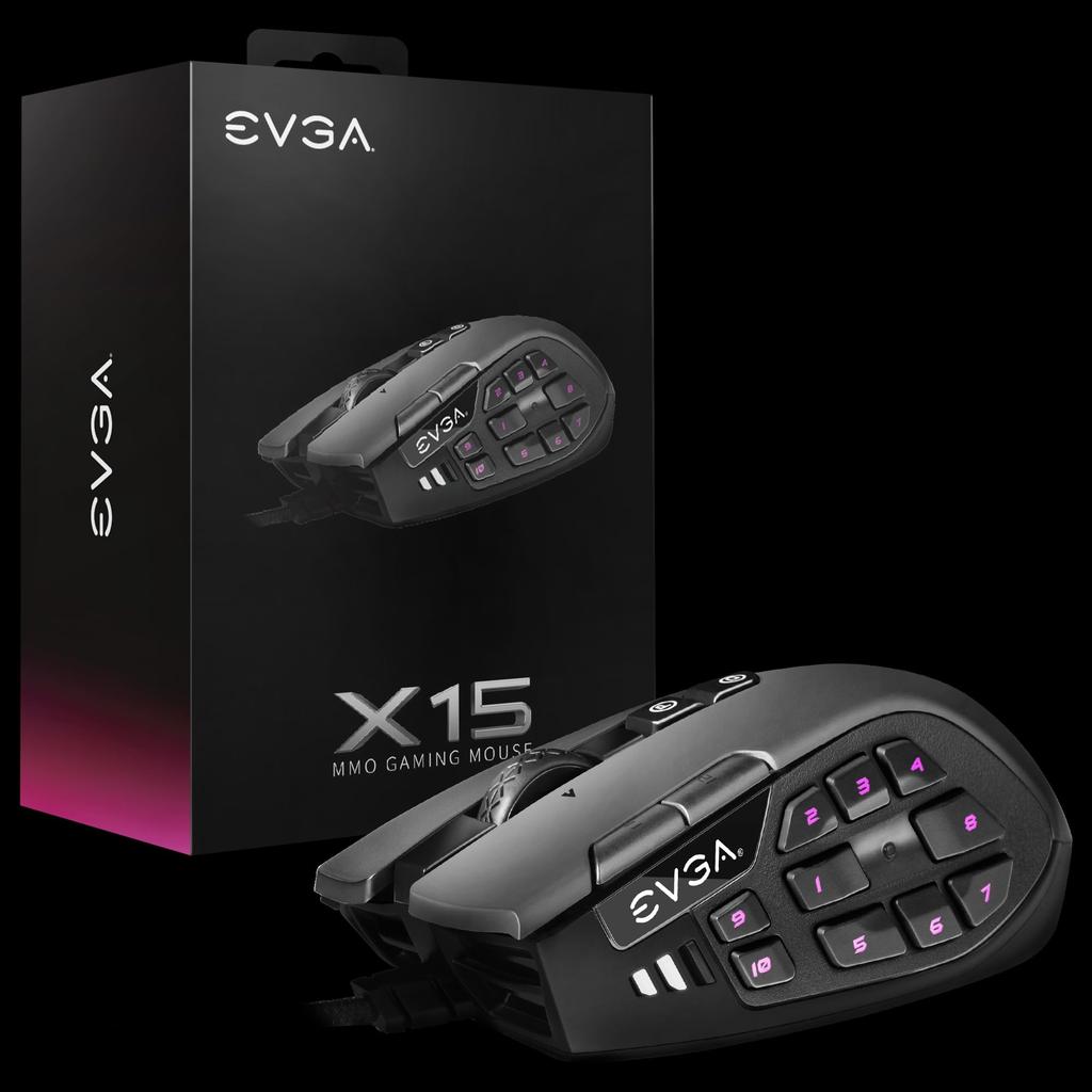 EVGA USB-Gaming-Maus X15 MMO 8K, kabelgebunden, schwarz, anpassbar, 16000 DPI, 5 Profile, 20 Tasten, ergonomisch, 904-W1-15BK-KR
