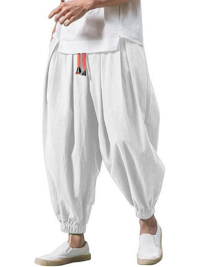 Men's 2025 All-Season Plus Size Cotton Linen Harem Pants with Elastic Ankles - Retro Chinese Style