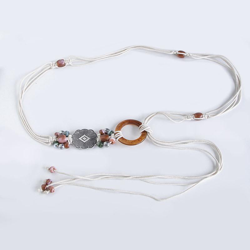 Ethnic Waist Rope Belt Handcrafted Cotton Linen Tie With Round Resin Closure For Summer Wear бежевый