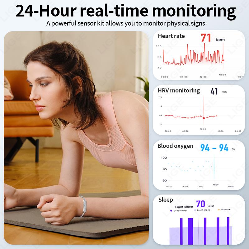 Fashion Diamond Ladies Smart Bracelet 5ATM Fitness Heart Rate Stress HRV Health Monitor Step Counting Smartwatch Women Band
