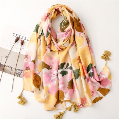 Luxury  Ink Painting Floral Tassel Viscose Shawl Scarf Lady High Quality Pashmina Hijab And Wraps Foulard Muslim Sjaal