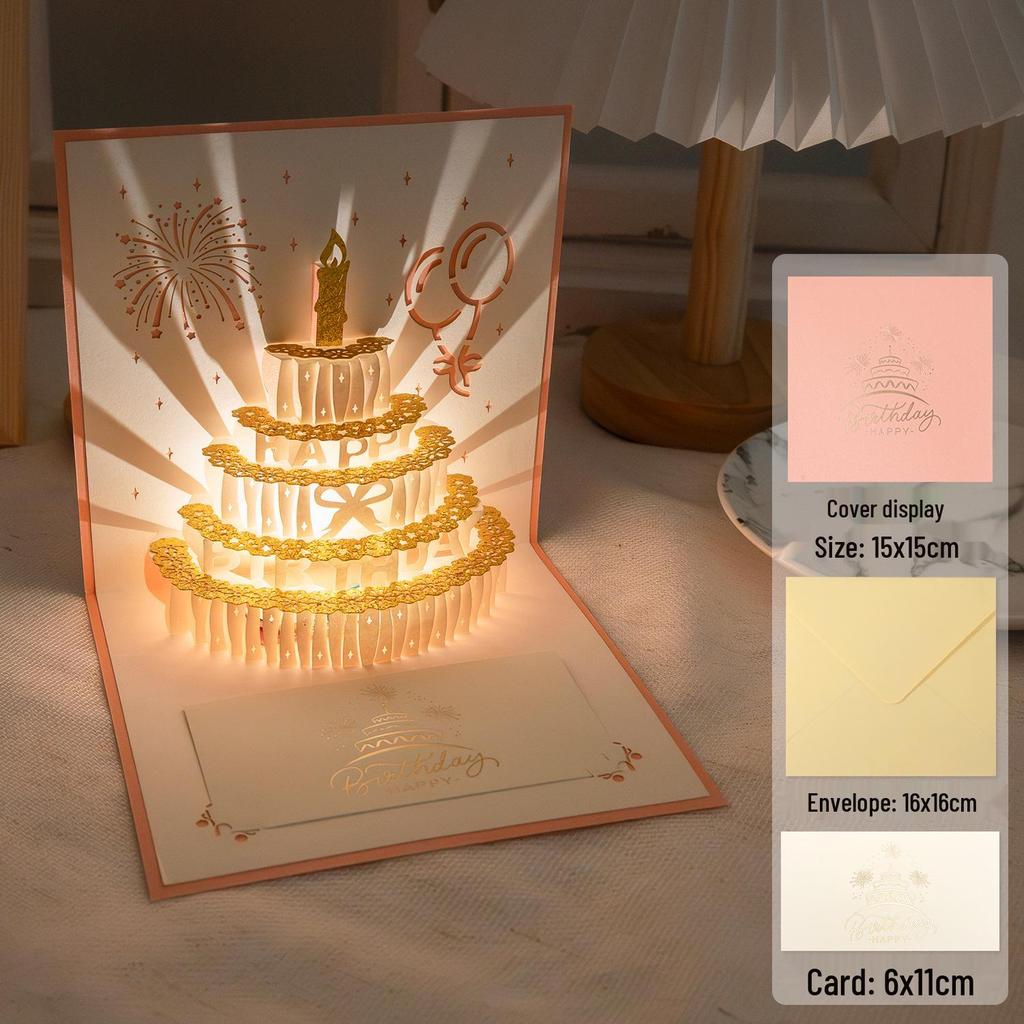3D Pop-Up Birthday Sound Card with Recording Light - Cake Design for Boyfriend/Girlfriend Gift