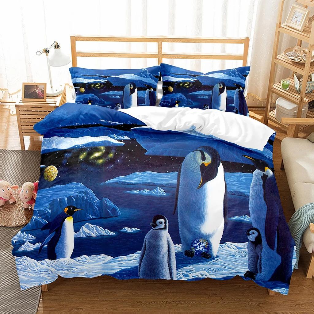 Roztomilý Vzor Tučňáků Sada Povlaku na Přikrývku Roztomilá Kawaii Zvířátka Pro Chlapce Dívky Dekorace Ložnice Polyesterový Povlak na Přikrývku Velikost King Queen