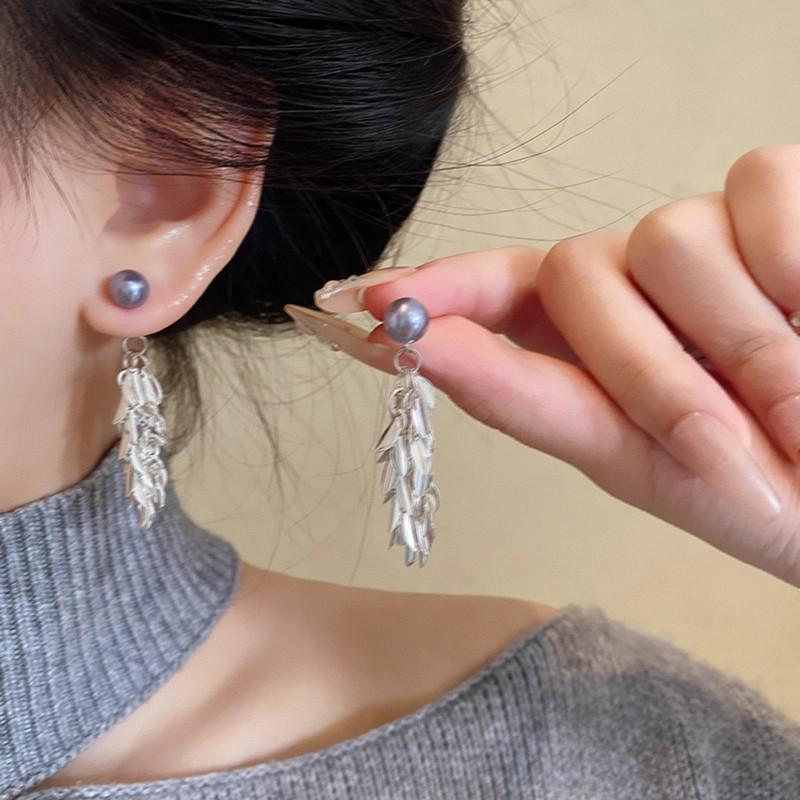 2025 Elegant Cool Gray Tassel Pearl Earrings for Women
