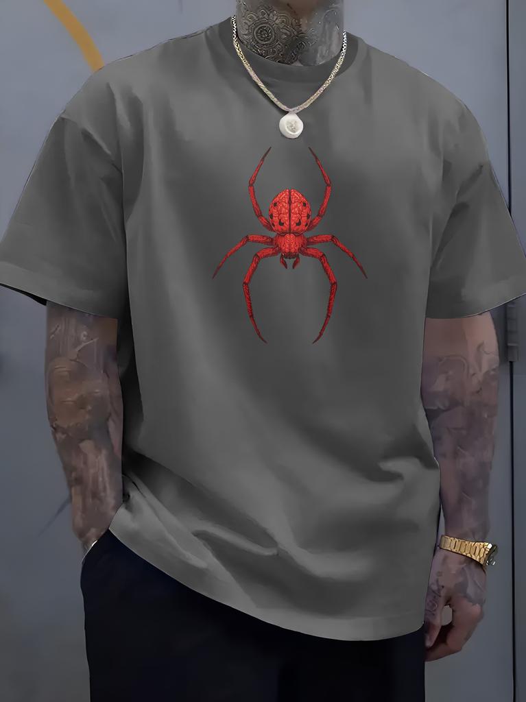 Unisex O Neck Tee Vivid Red Spider Animal Pattern Print Cotton Short Sleeve Loose Summer Breathable Daily Casual Basic Wear Top