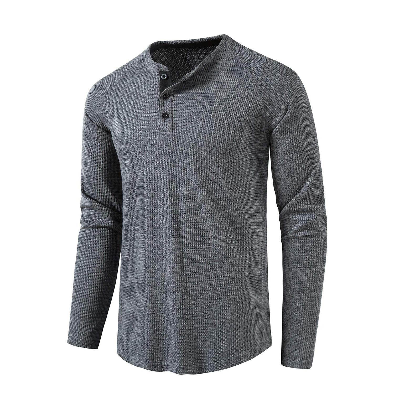 

Мужские вафельные рубашки на пуговицах с круглым вырезом и длинными рукавами, однотонная повседневная одежда, удобная рубашка на осень и зиму L темно серый
